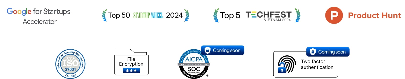 Google for Startups, Startup Wheel, Techfest, Product Hunt, ISO 27001, SOC certifications